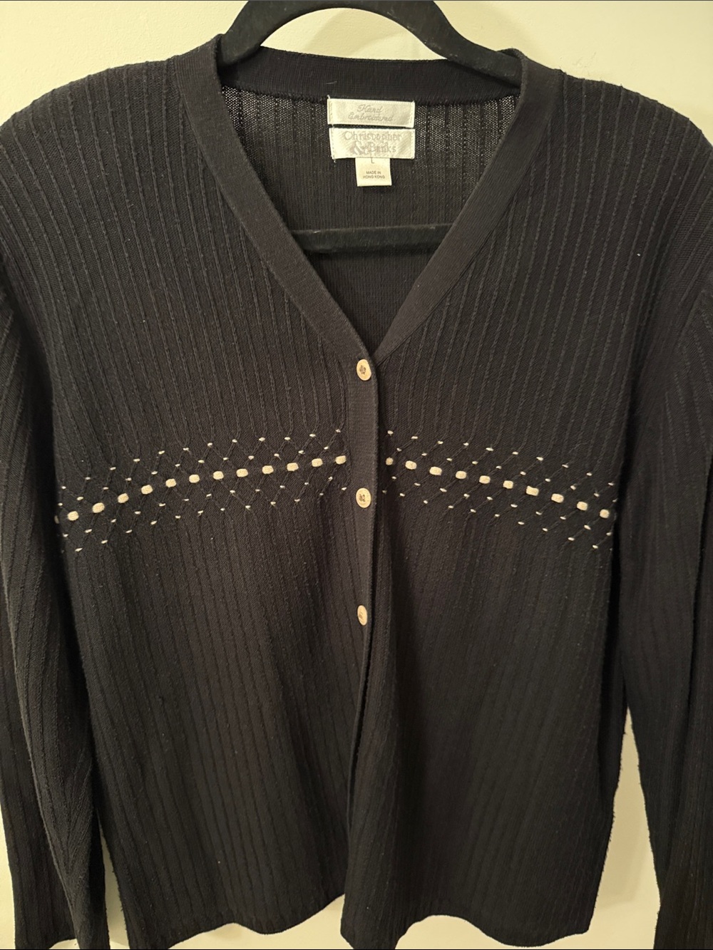 Christopher & Banks Black Ribbed Button-Front Cardigan , Hand Embroidered Sz L